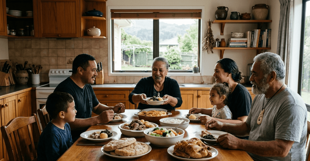 A picture of a Māori family's Kitchen